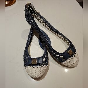 Tory Burch Navy and White Woven Bow Ballet Flats